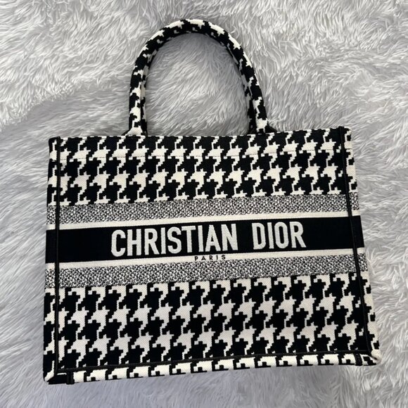Dior Handbags - CHRISTIAN DIOR Canvas Macro Houndstooth Embroidered Medium Book Tote in BLK WHT